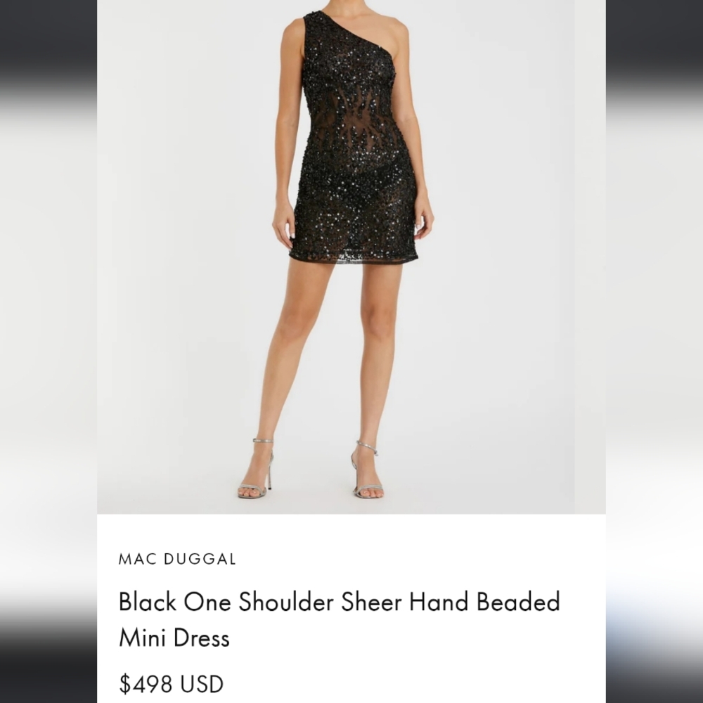 Mac DuggalBlack One Shoulder Sheer Hand Beaded Mini Dress